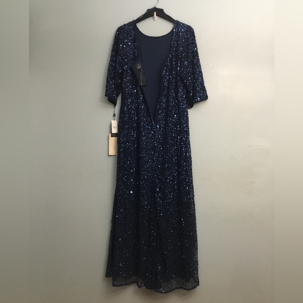 ADRIANNA PAPELL Blue and Silver Embellished Gown with Scoop Neckline - Picture 2 of 16
